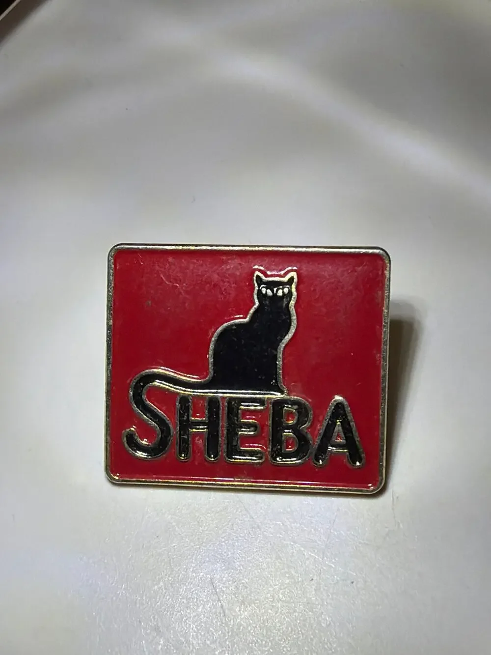Vintage SHEBA Cat Food Advertising Enamel Lapel Pin Black Cat Red Promo Badge